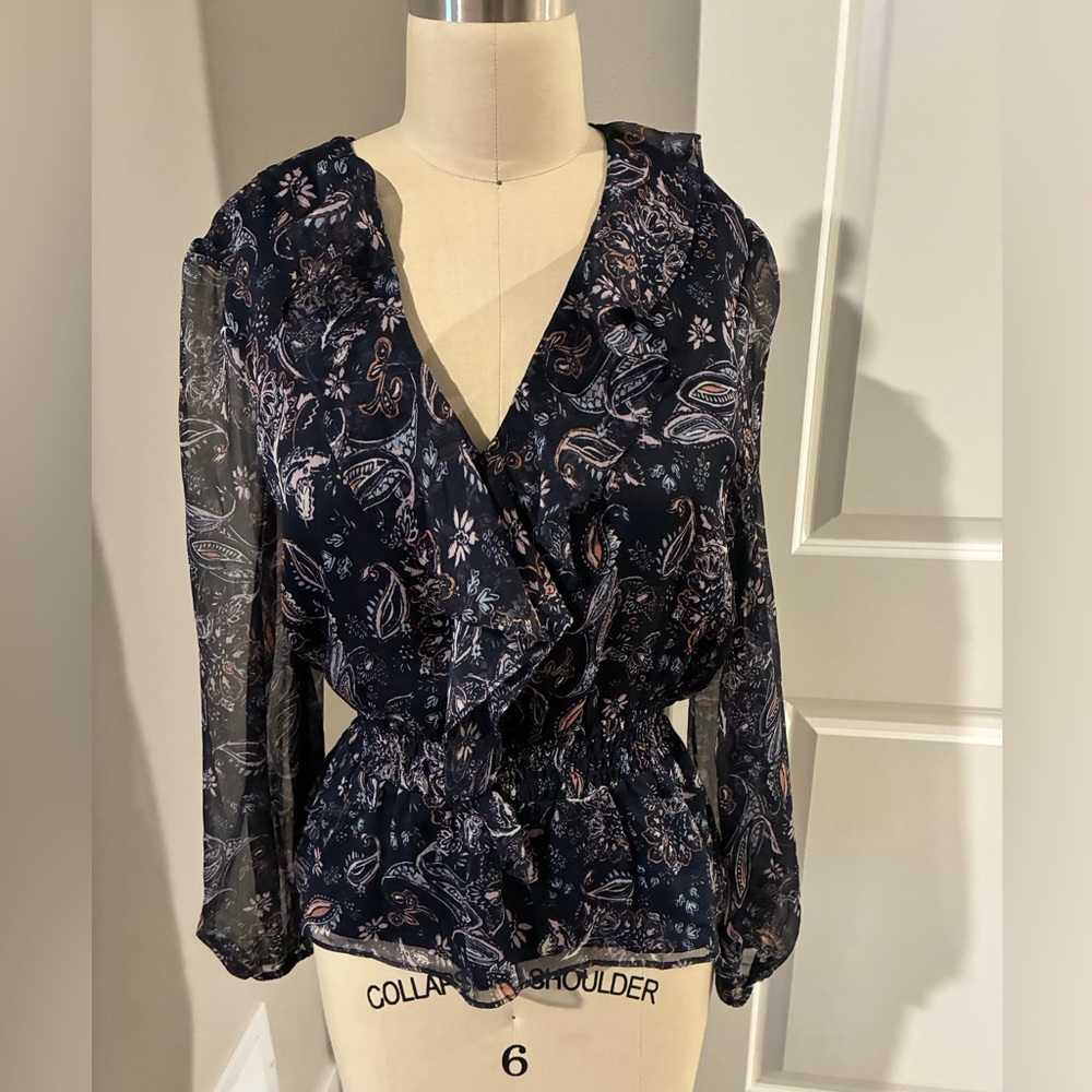 1. State Navy Paisley Faux Wrap Blouse